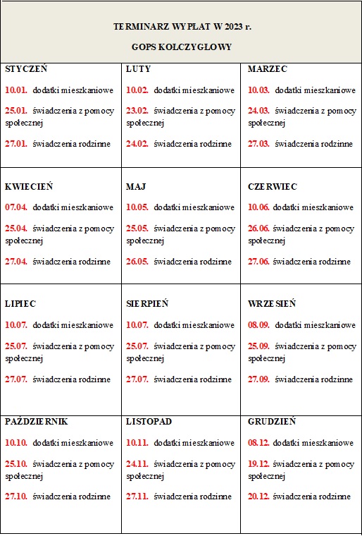 Terminarz wypłat w 2023