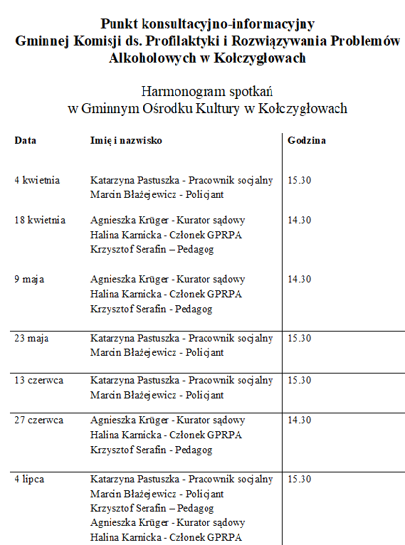 Harmonogram spotkań